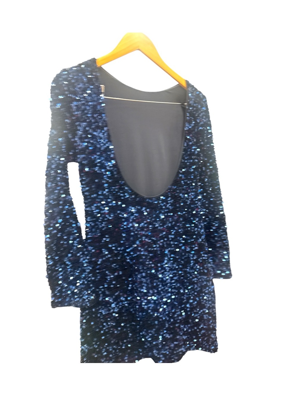 Navy Stretch Long Sleeve Sequins Dress Low Scoop Back Lined S